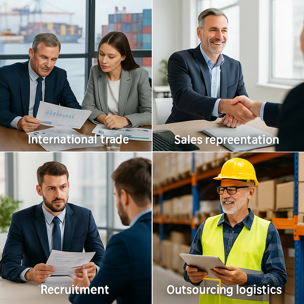 Four professionals from different industries representing PEI PADIMAR SL’s core services: commercial intermediation, outsourcing, recruitment, and international trade solutions.