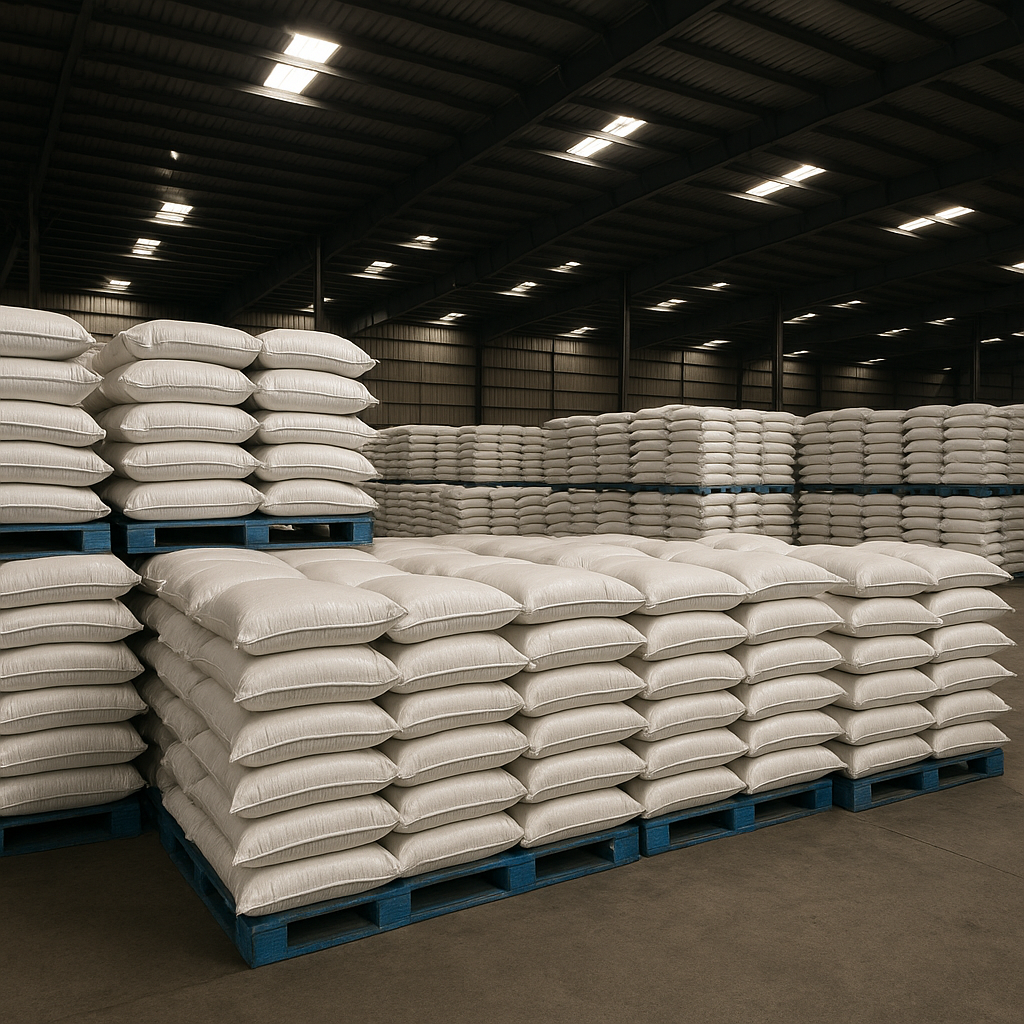 Warehouse filled with stacked white sugar bags on blue pallets