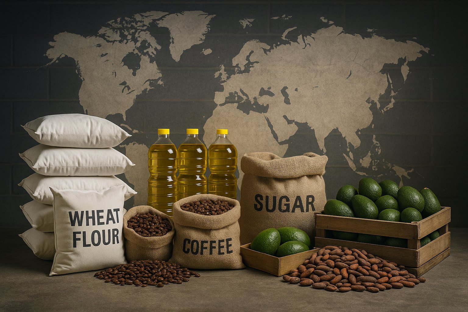 Assorted agri-food commodities—wheat flour, vegetable oil, sugar, coffee beans, avocados and cacao—arranged in a warehouse to illustrate PEI PADIMAR SL’s global trade portfolio.