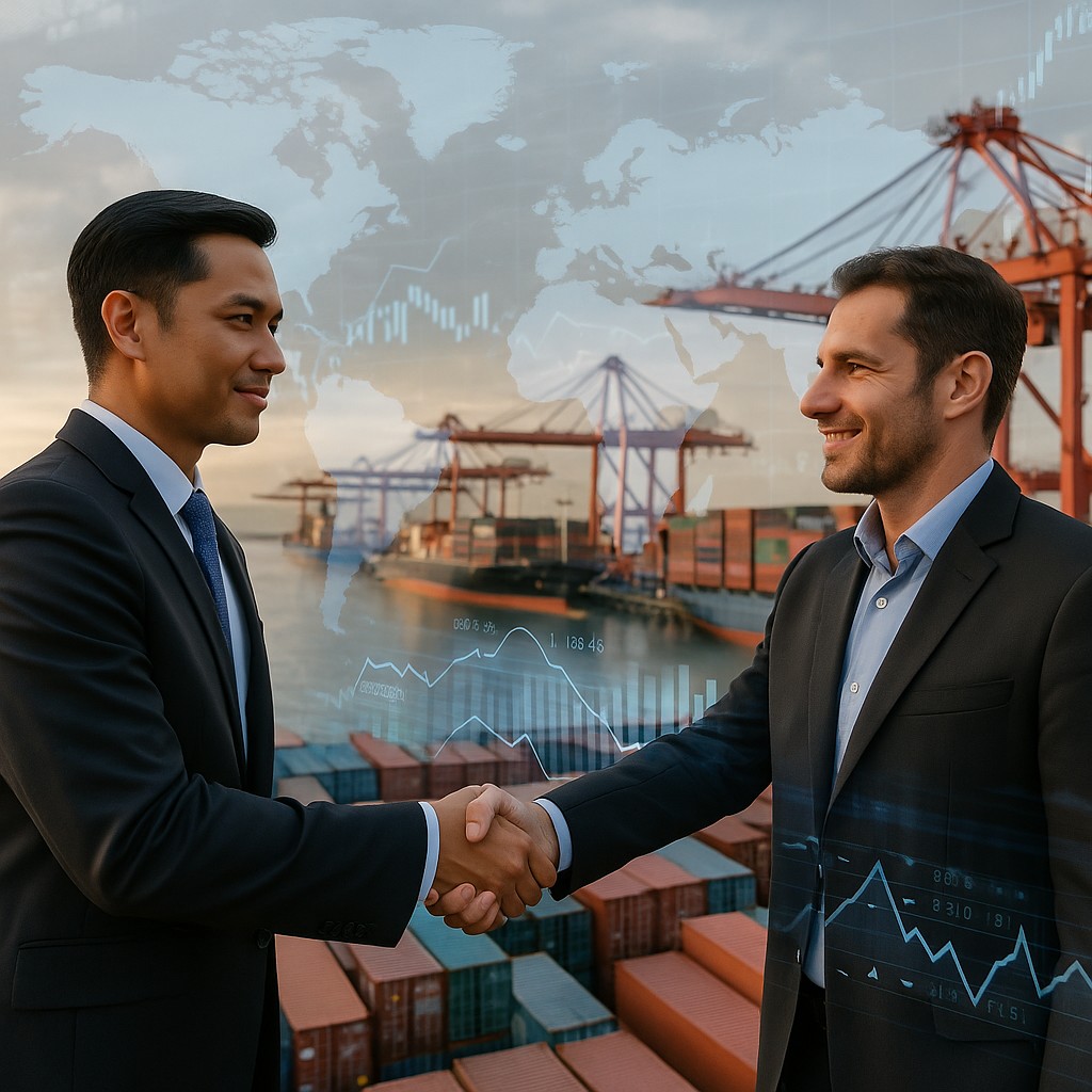 Business professionals shaking hands at a busy container port with world map overlay, representing PEI PADIMAR SL’s commercial intermediation services