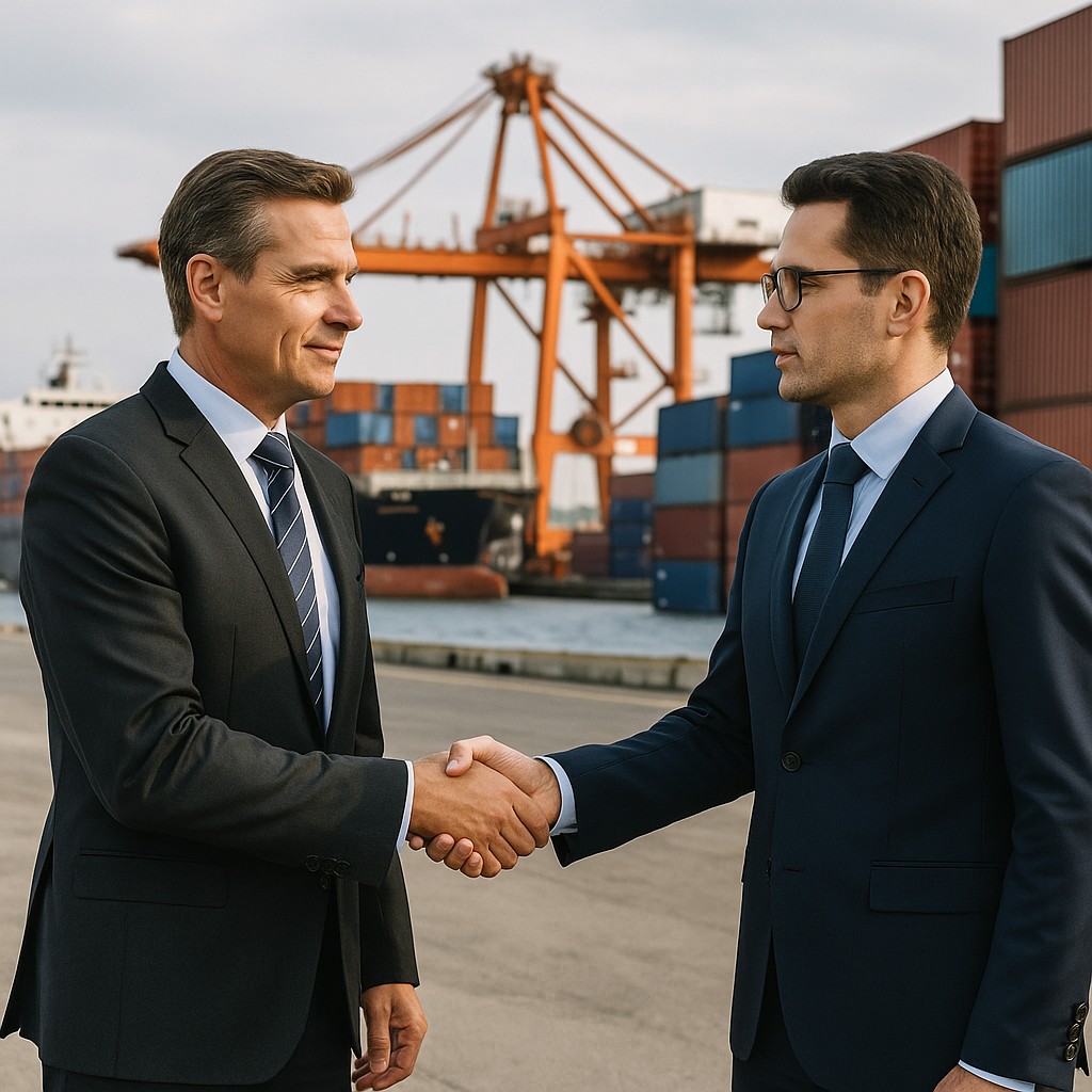 Business professionals shaking hands at a busy port, symbolizing PEI PADIMAR SL’s commercial mandate services.