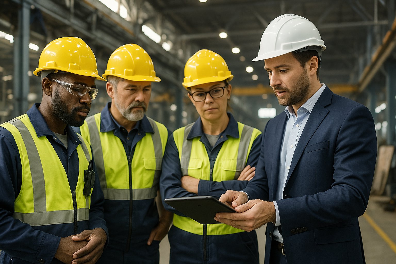 Industrial team supervisor using a tablet to coordinate technicians at a manufacturing plant