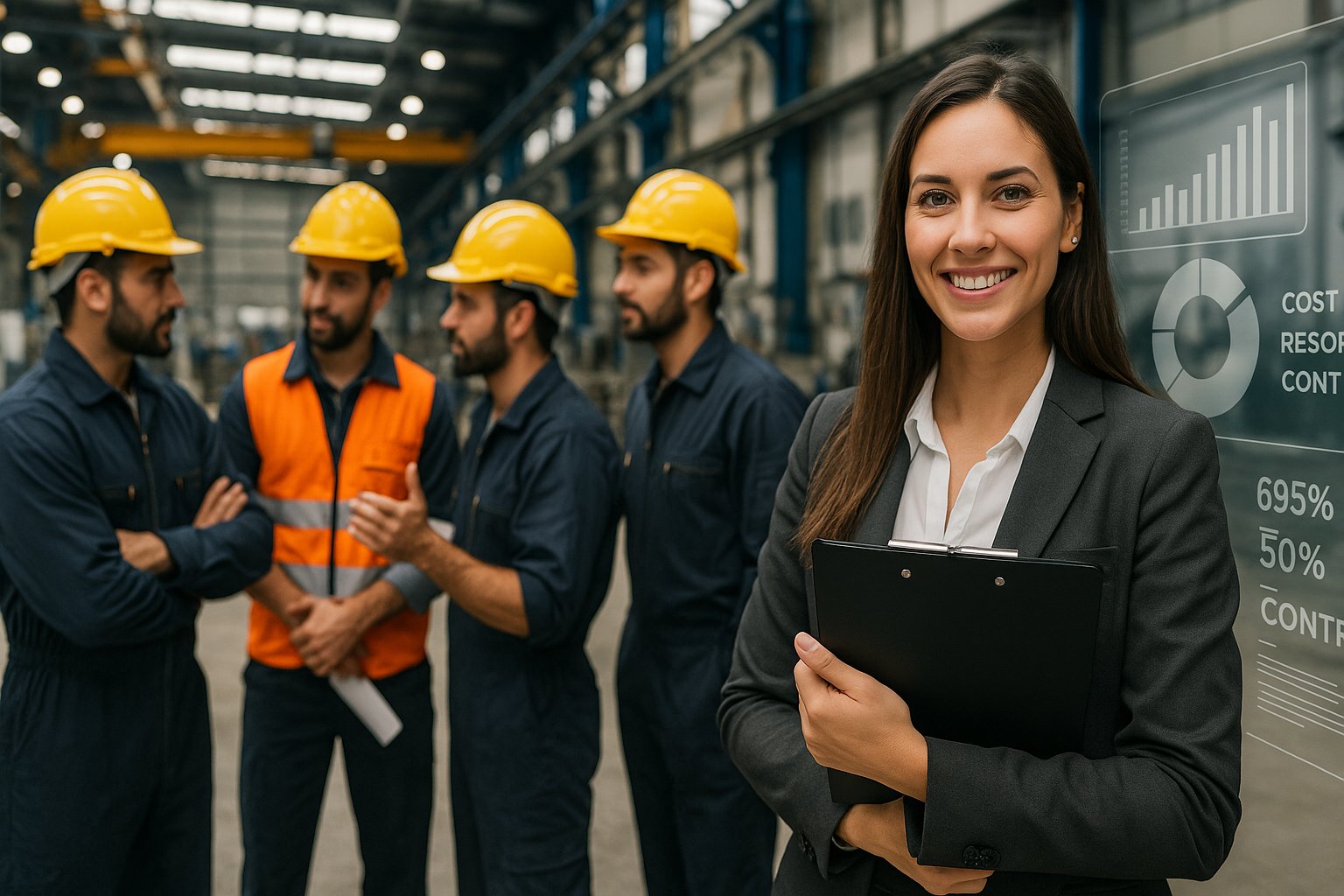 HR manager coordinating industrial technicians on the factory floor, illustrating PEI PADIMAR SL’s outsourcing and team management services