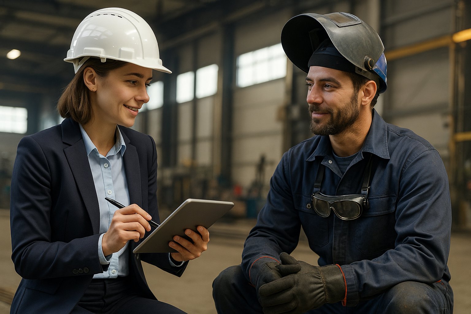 Industrial recruiter interviewing a skilled welder on-site to fill specialised technical positions.