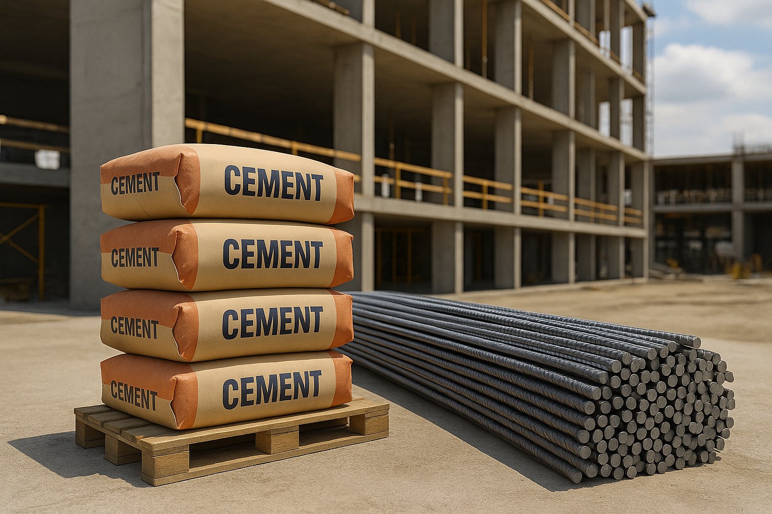 Construction materials including cement and steel ready for industrial use, displayed on a professional building site.