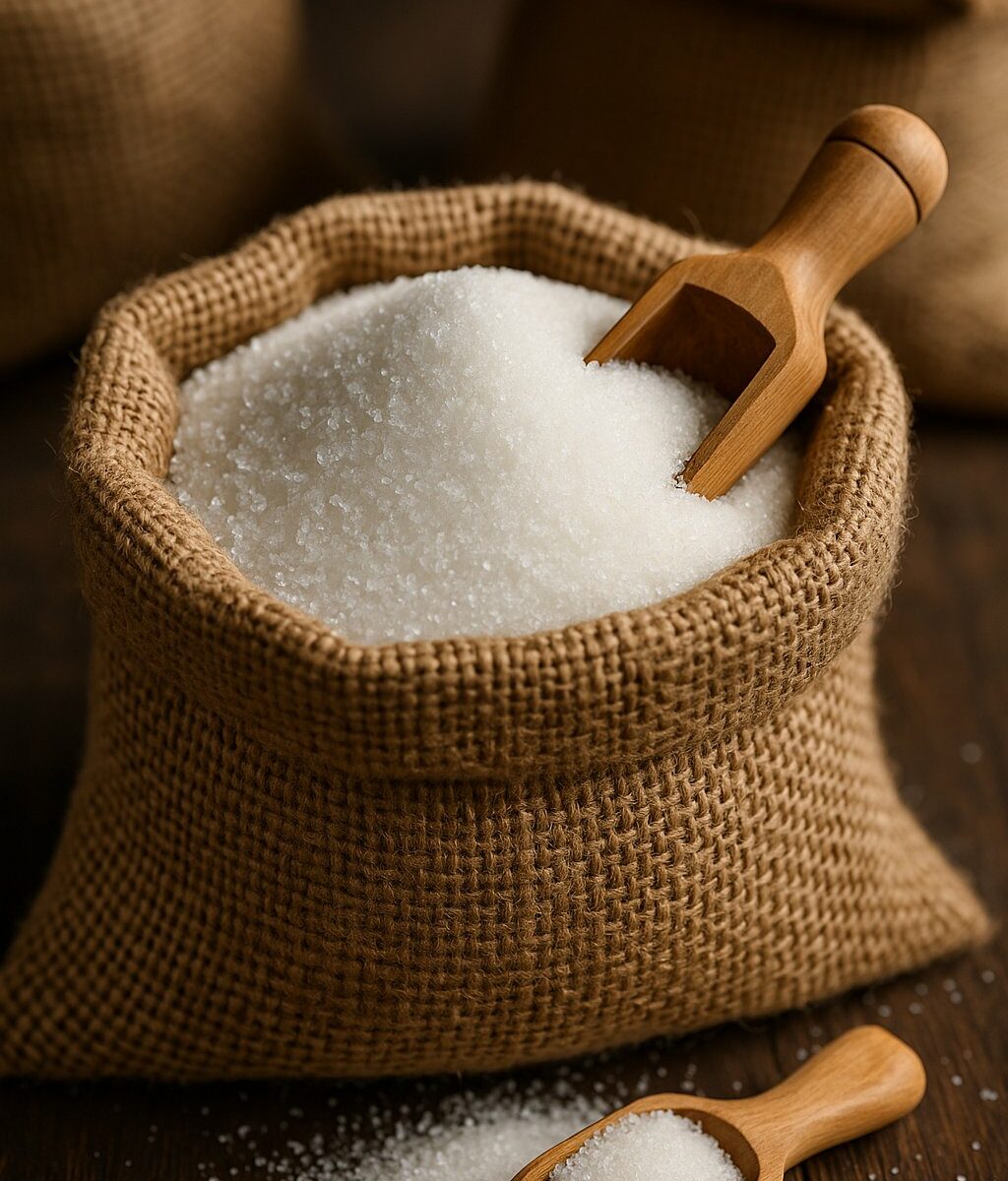 Bulk white sugar bags stored in an open warehouse, ready for export.