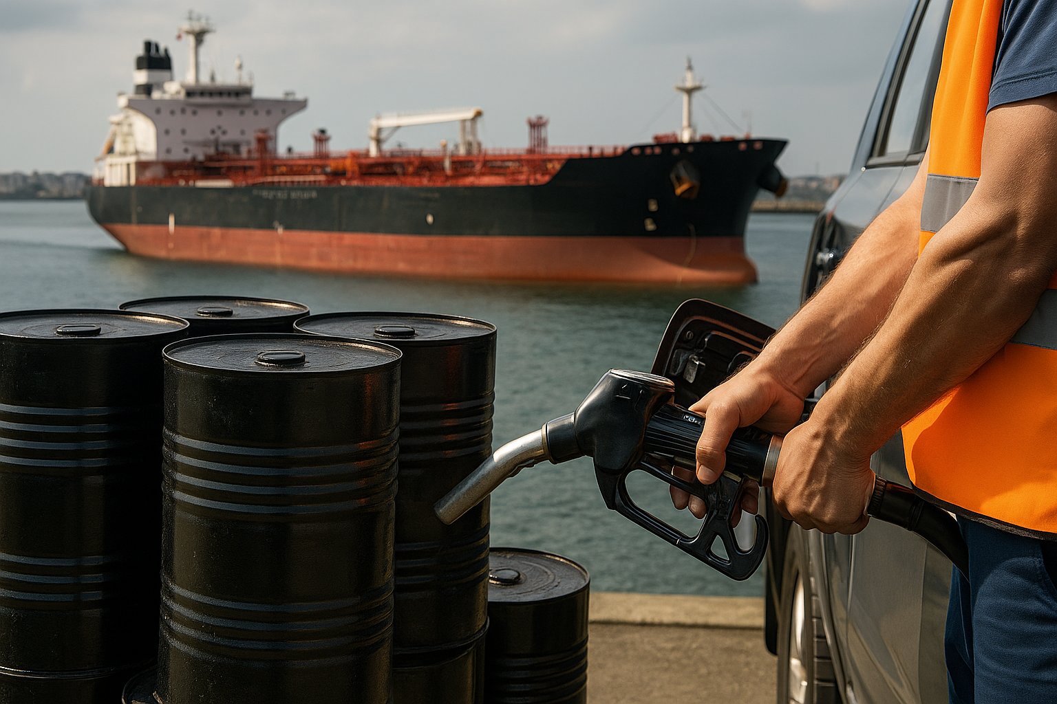 Oil tanker, bitumen barrels and diesel fueling representing PEI PADIMAR SL’s petroleum product supply chain