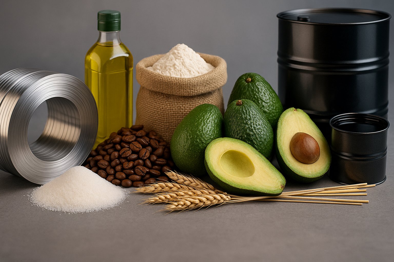 Assortment of PEI PADIMAR SL products including diesel fuel, coffee sacks, wheat flour bags, stainless steel coils and cement bags in a warehouse setting