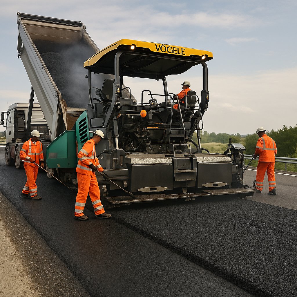 Bitumen application in road works: tanker truck pouring hot asphalt while a worker supervises the process.