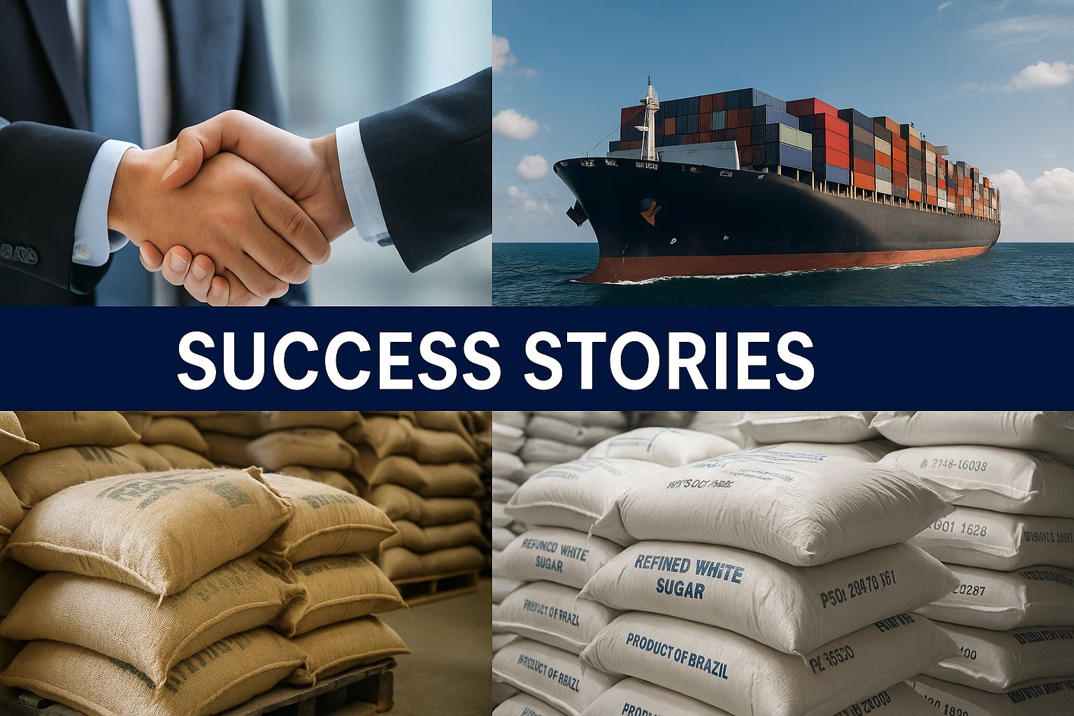Collage of business handshake, container ship, coffee sacks and sugar bags illustrating PEI PADIMAR SL’s international trade success stories