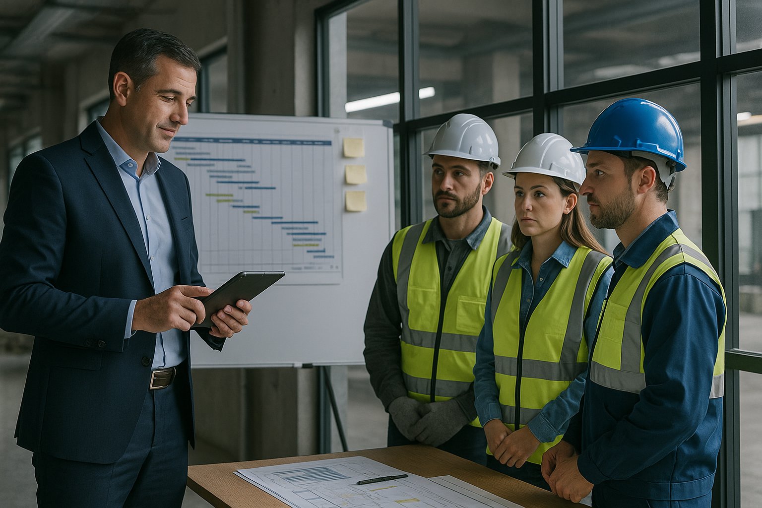 Construction team supervisor using a tablet to brief technicians on project schedule and safety compliance