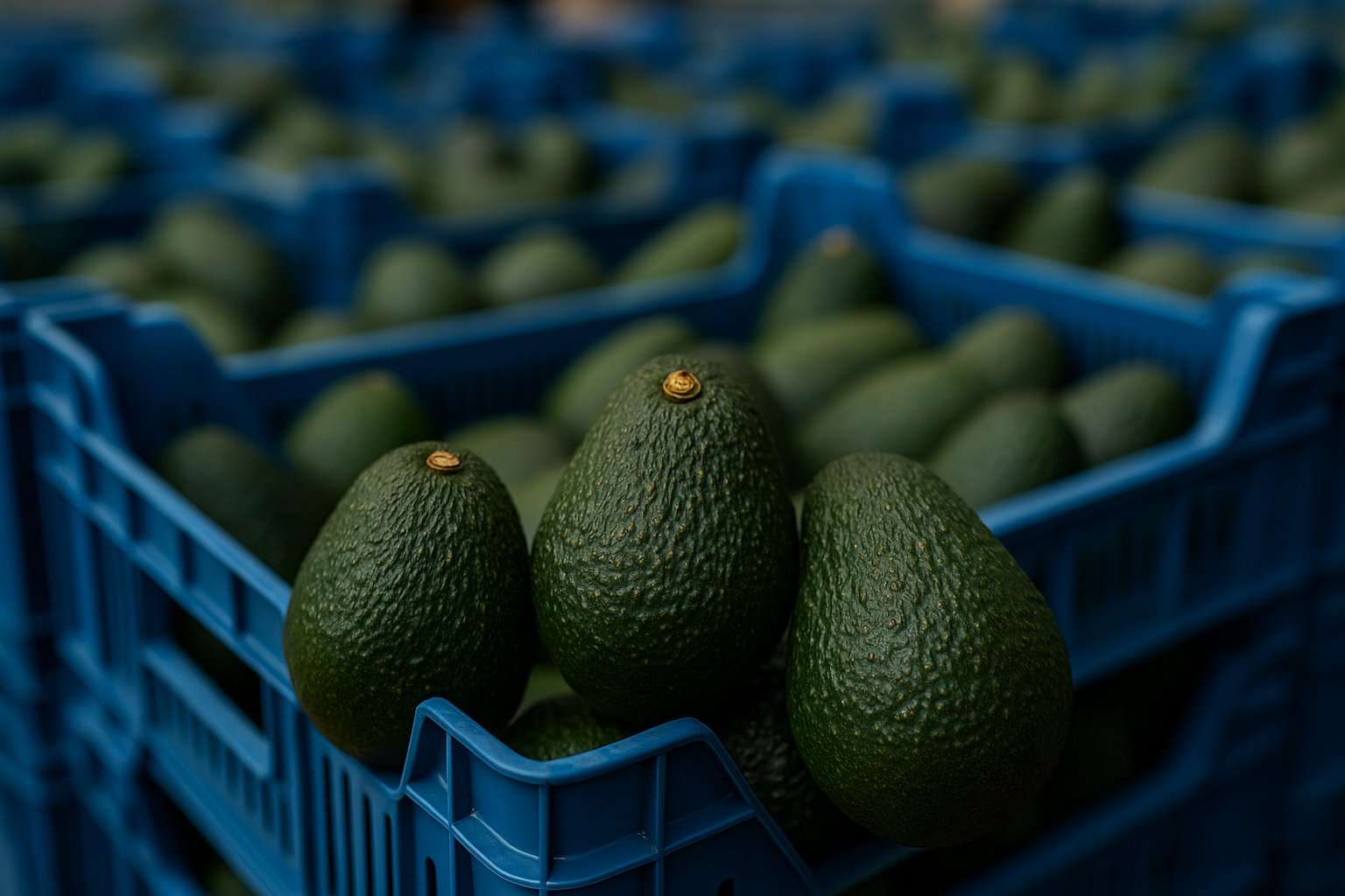 "Premium Hass avocados freshly harvested and packed in plastic crates for export from Colombia and Mexico, ready for European distribution."