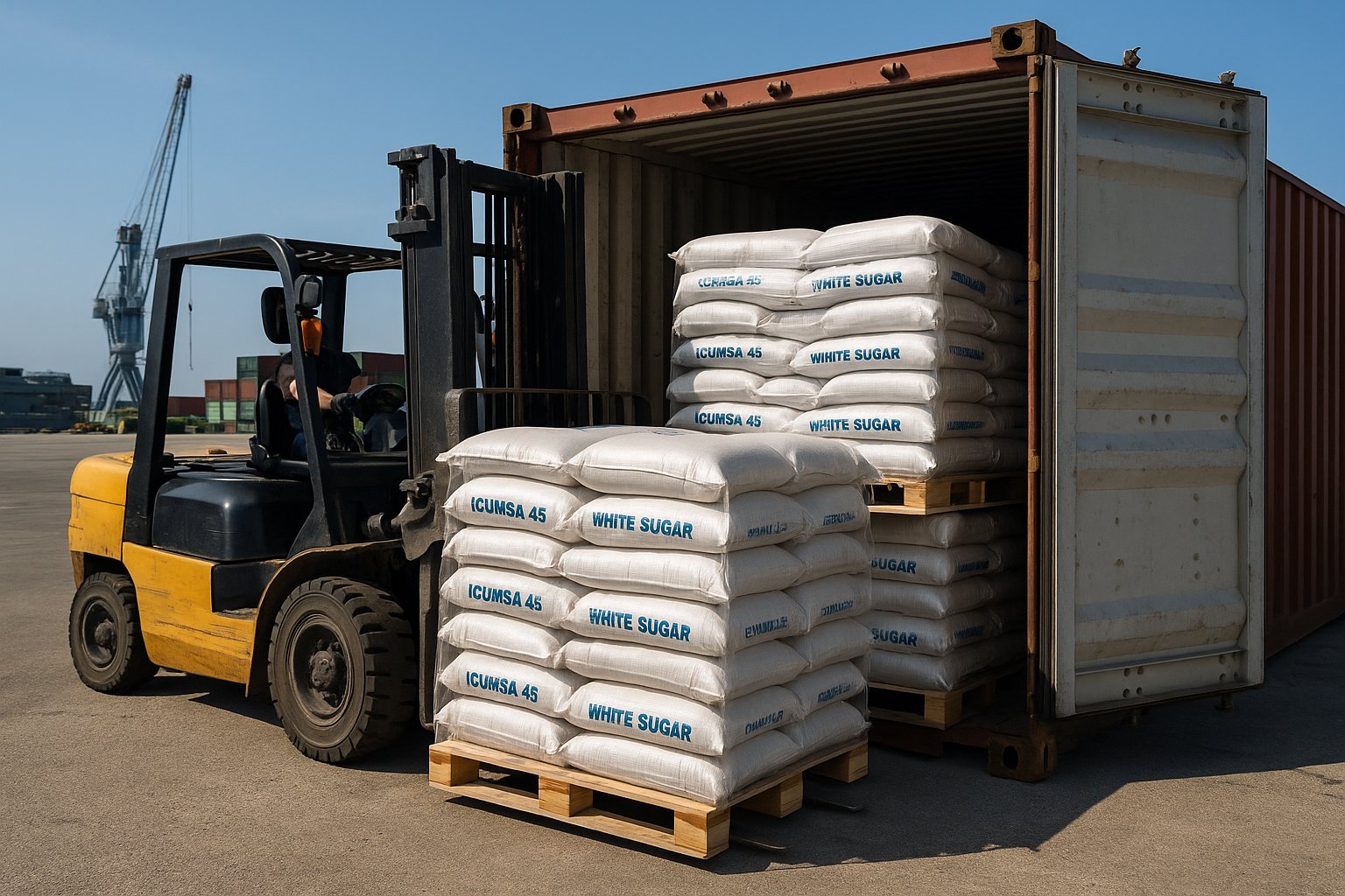 Pallets of ICUMSA 45 white sugar bags being loaded by forklift into a shipping container at a Brazilian port