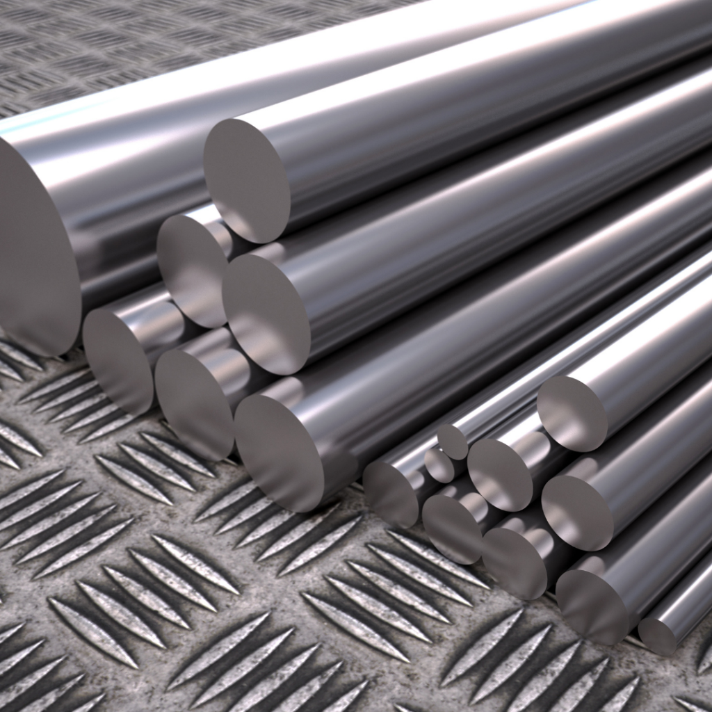 Polished stainless steel bars stacked on industrial surface – PEI PADIMAR