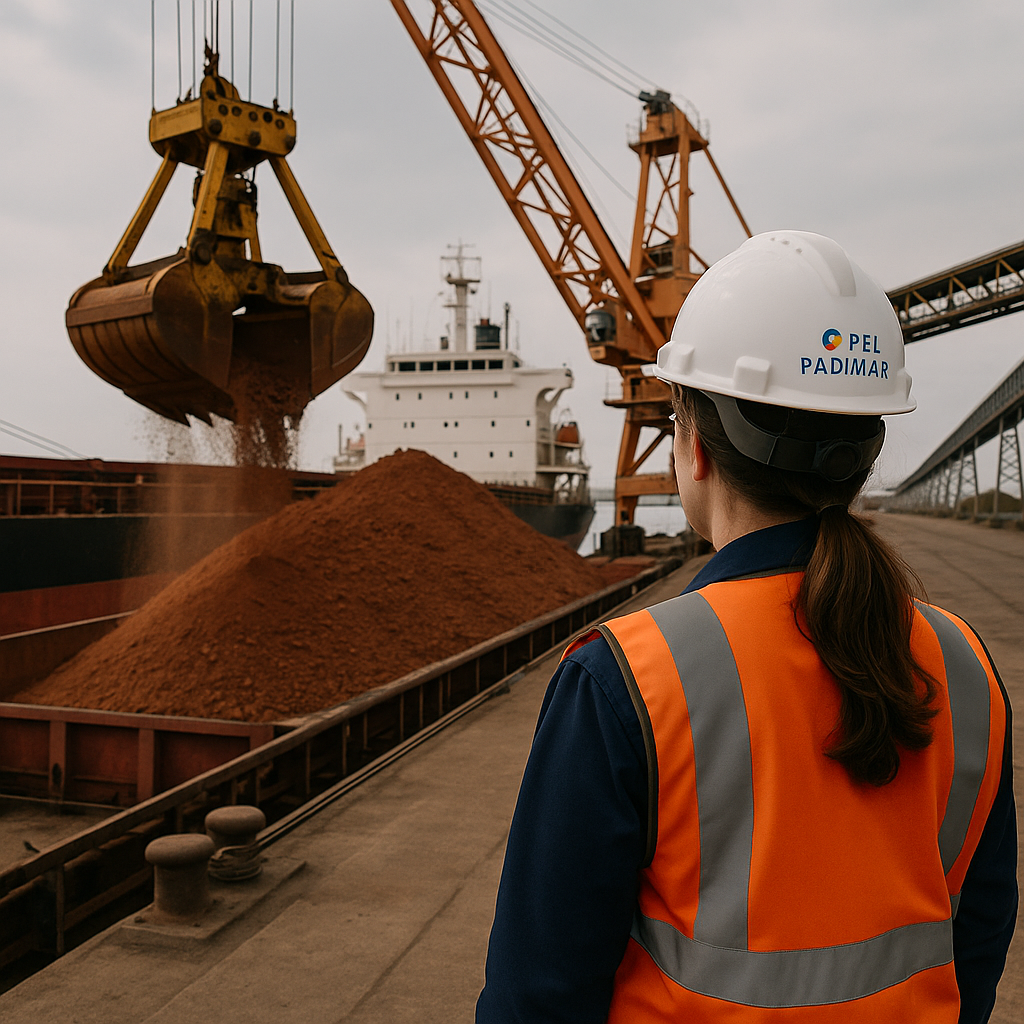 Female port operator supervising bulk bauxite loading onto a cargo vessel, wearing safety gear and a PEI PADIMAR branded helmet.