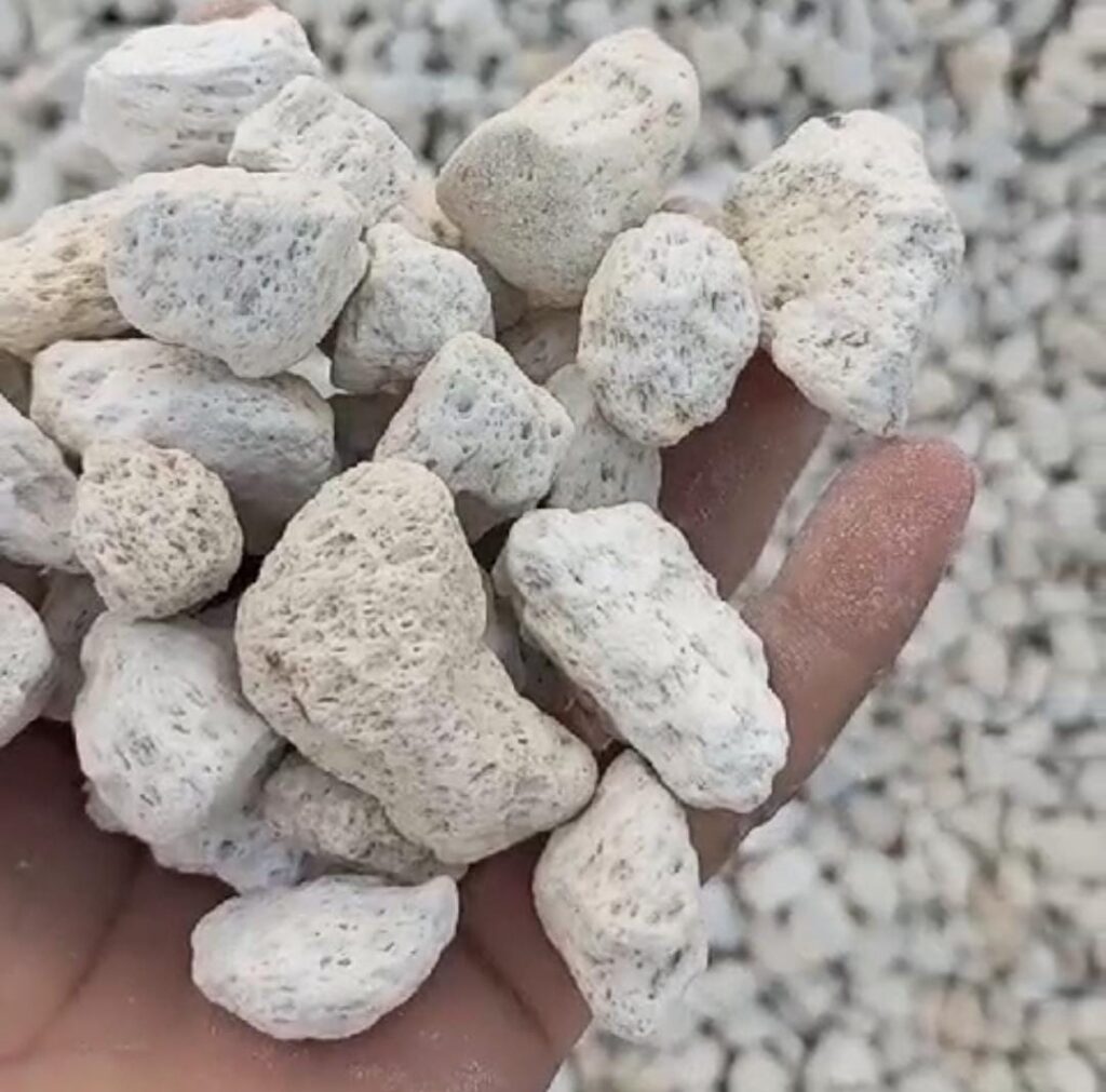 Light porous pumice stones used in construction, filtration, cosmetics, agriculture and industrial applications.